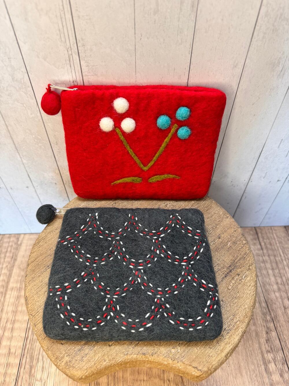 Set of 2 Felted Wool Colorful Pouches Red Gray 6 x 4.5 Small Accessory Bag